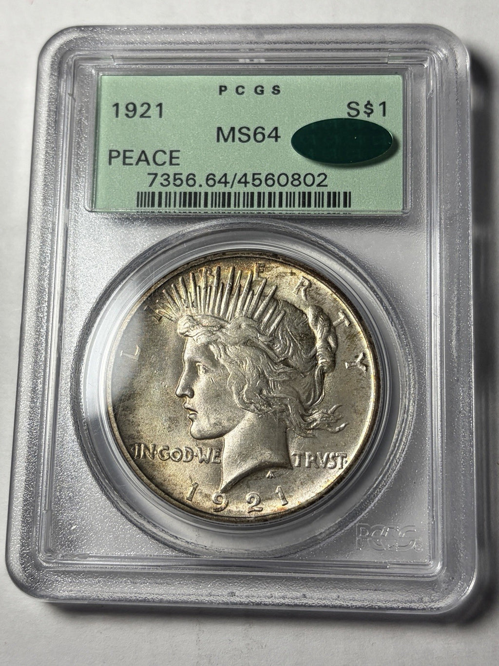 1921 PCGS MS64 CAC Peace Silver Dollar Old Green Holder Toned