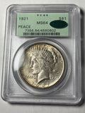 1921 PCGS MS64 CAC Peace Silver Dollar Old Green Holder Toned
