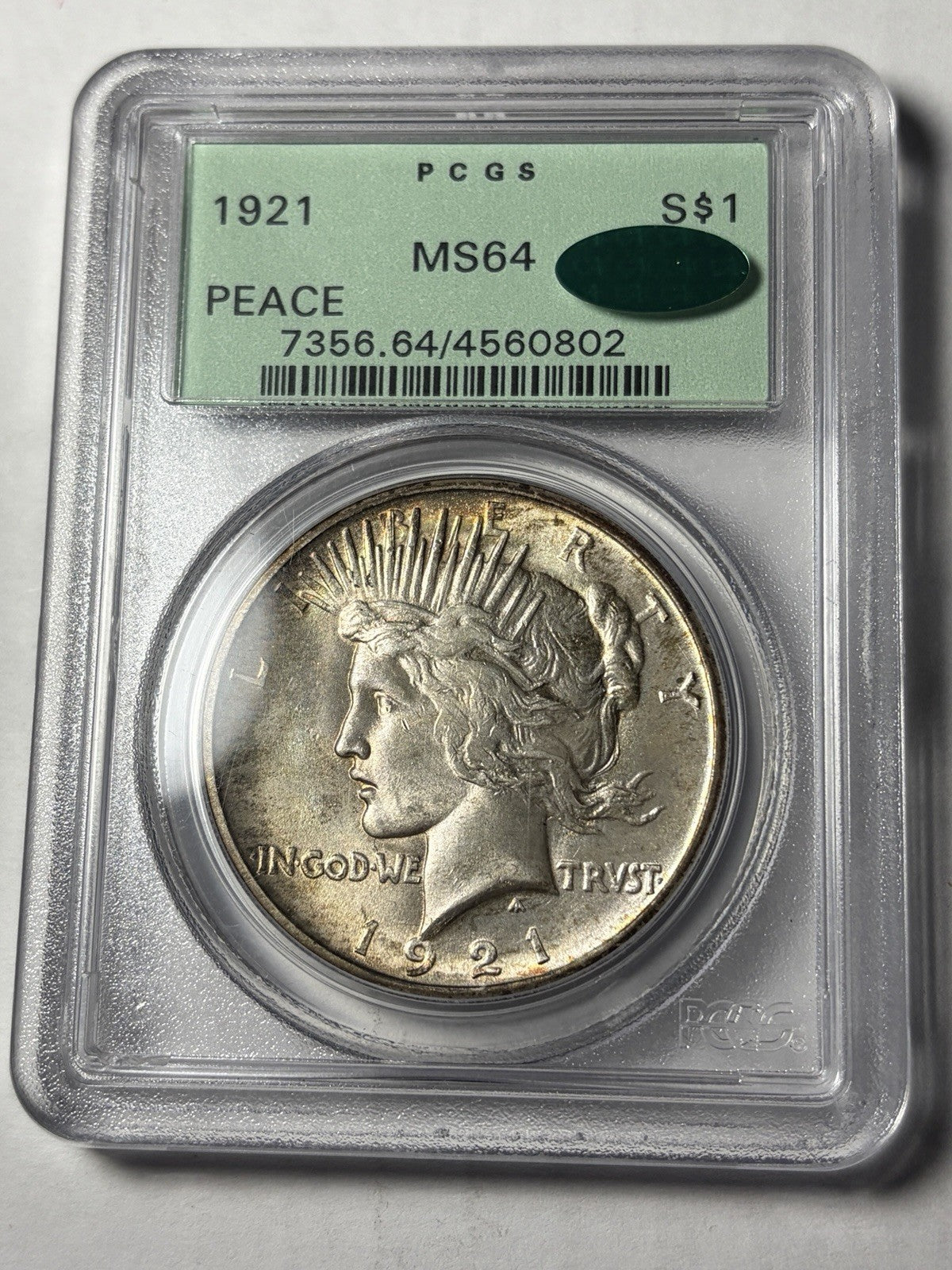 1921 PCGS MS64 CAC Peace Silver Dollar Old Green Holder Toned