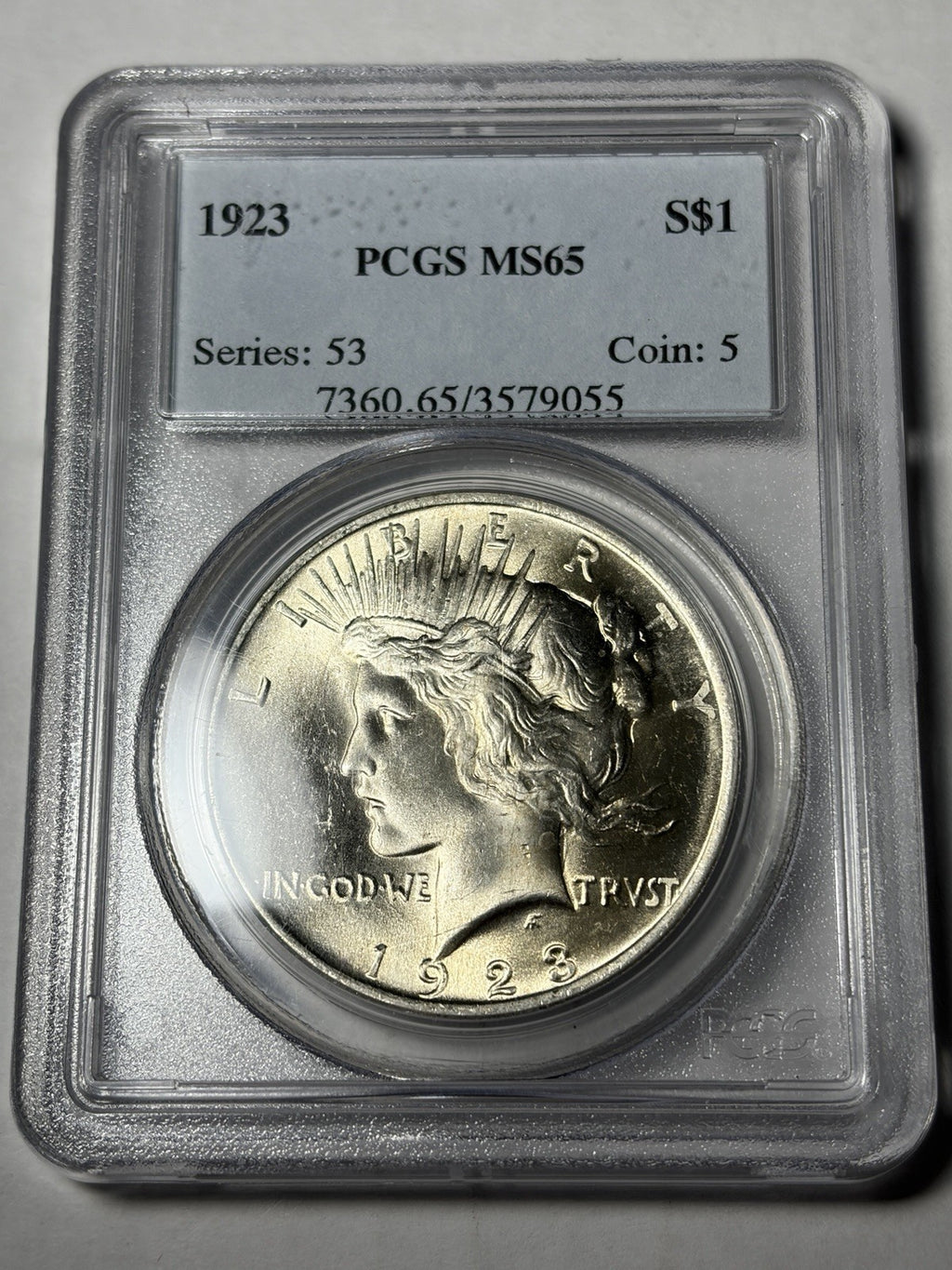 1923 PCGS MS65 Peace Silver Dollar Old Holder