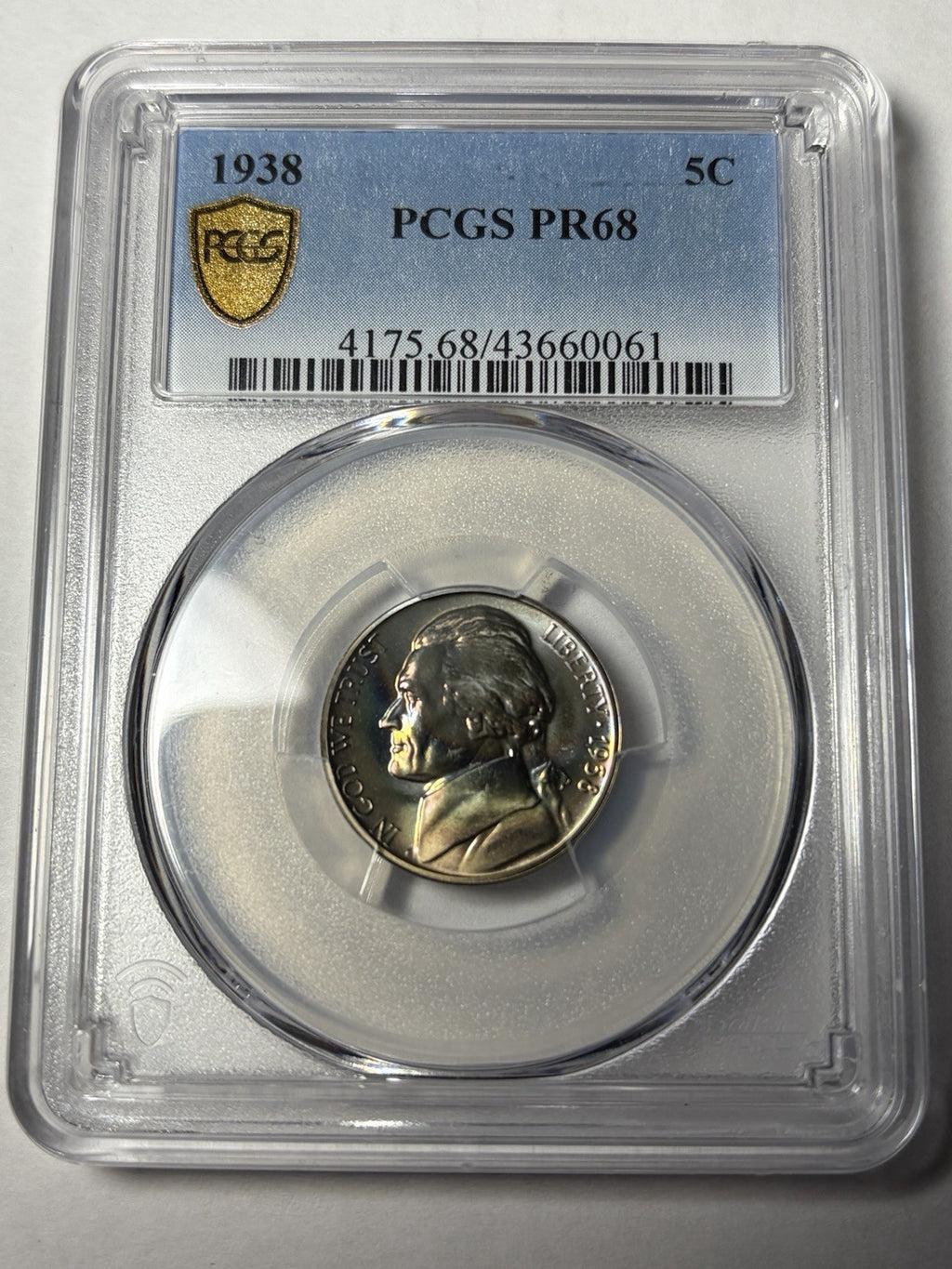1938 PCGS PR68 Jefferson Nickel Proof Rainbow Toned