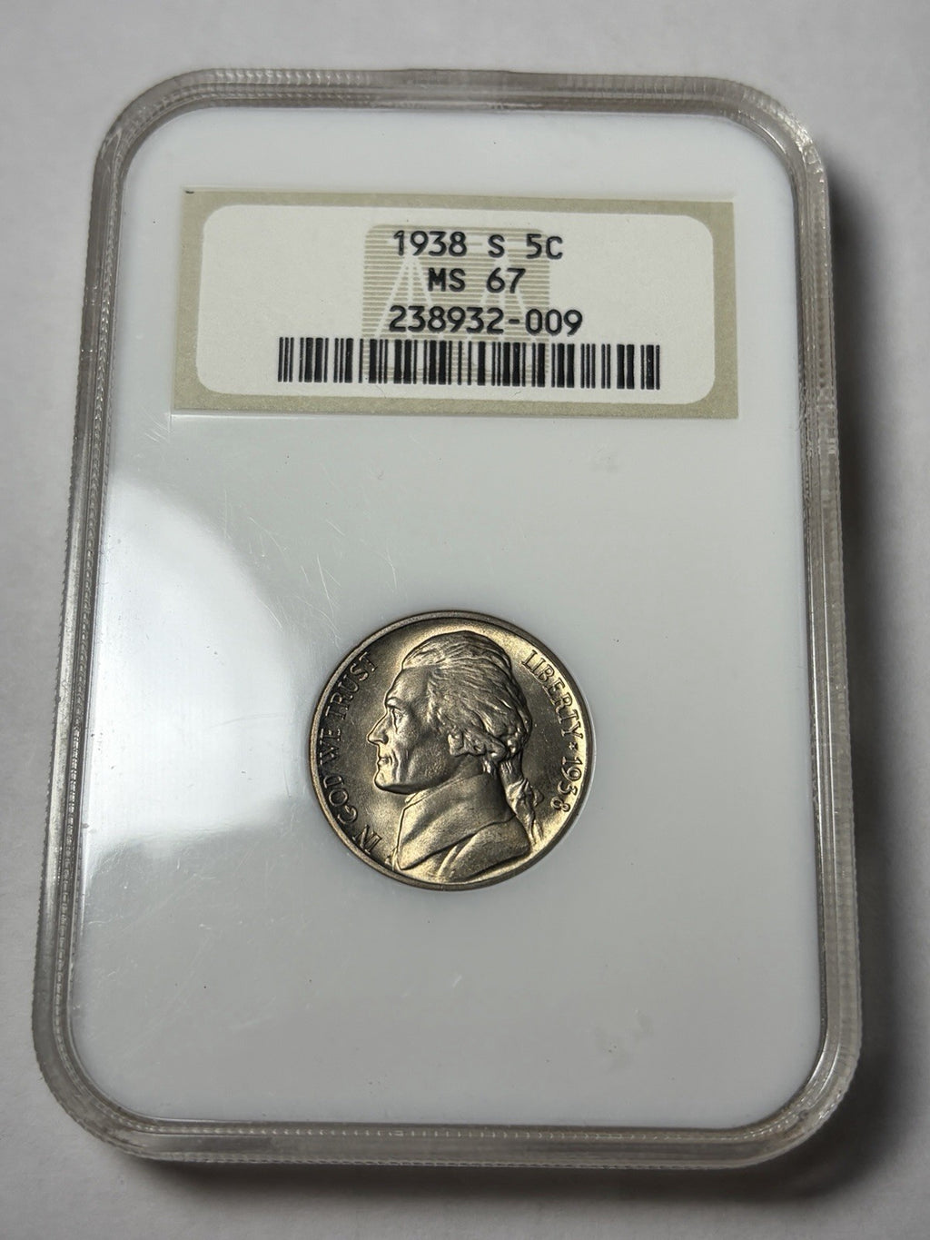 1938-S NGC MS67 Jefferson War Nickel Old Fatty Holder