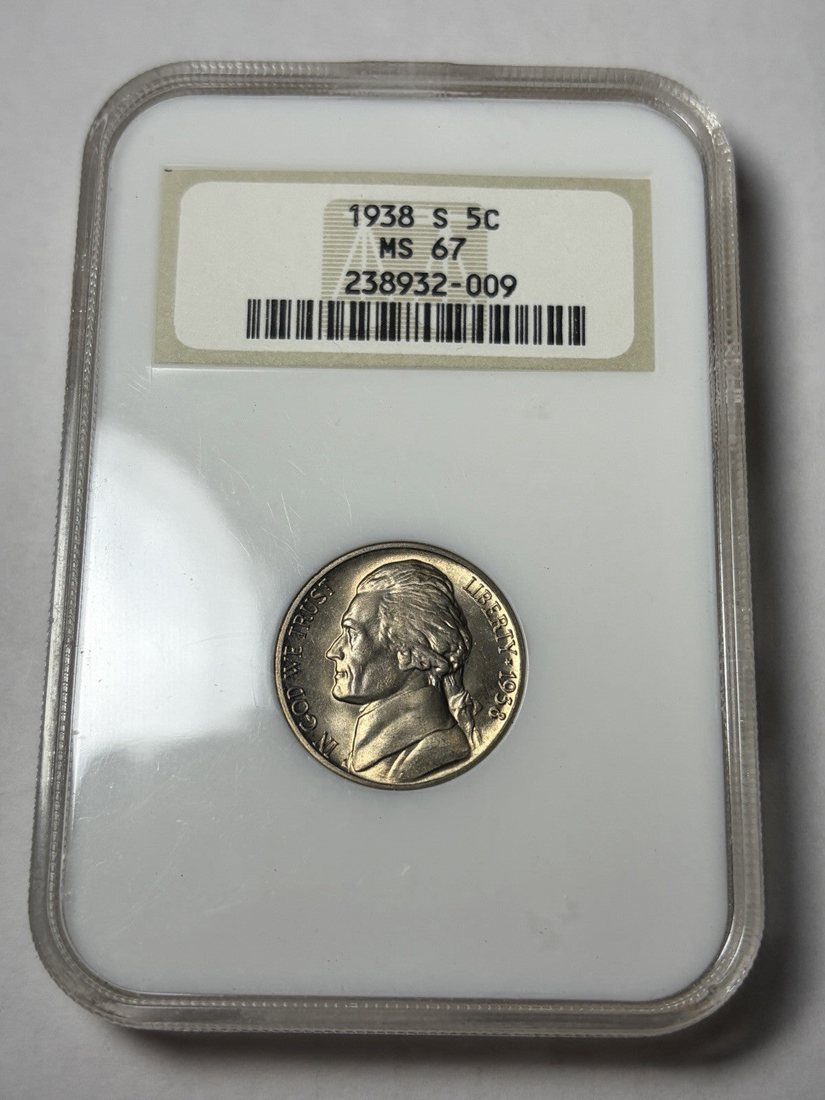 1938-S NGC MS67 Jefferson War Nickel Old Fatty Holder