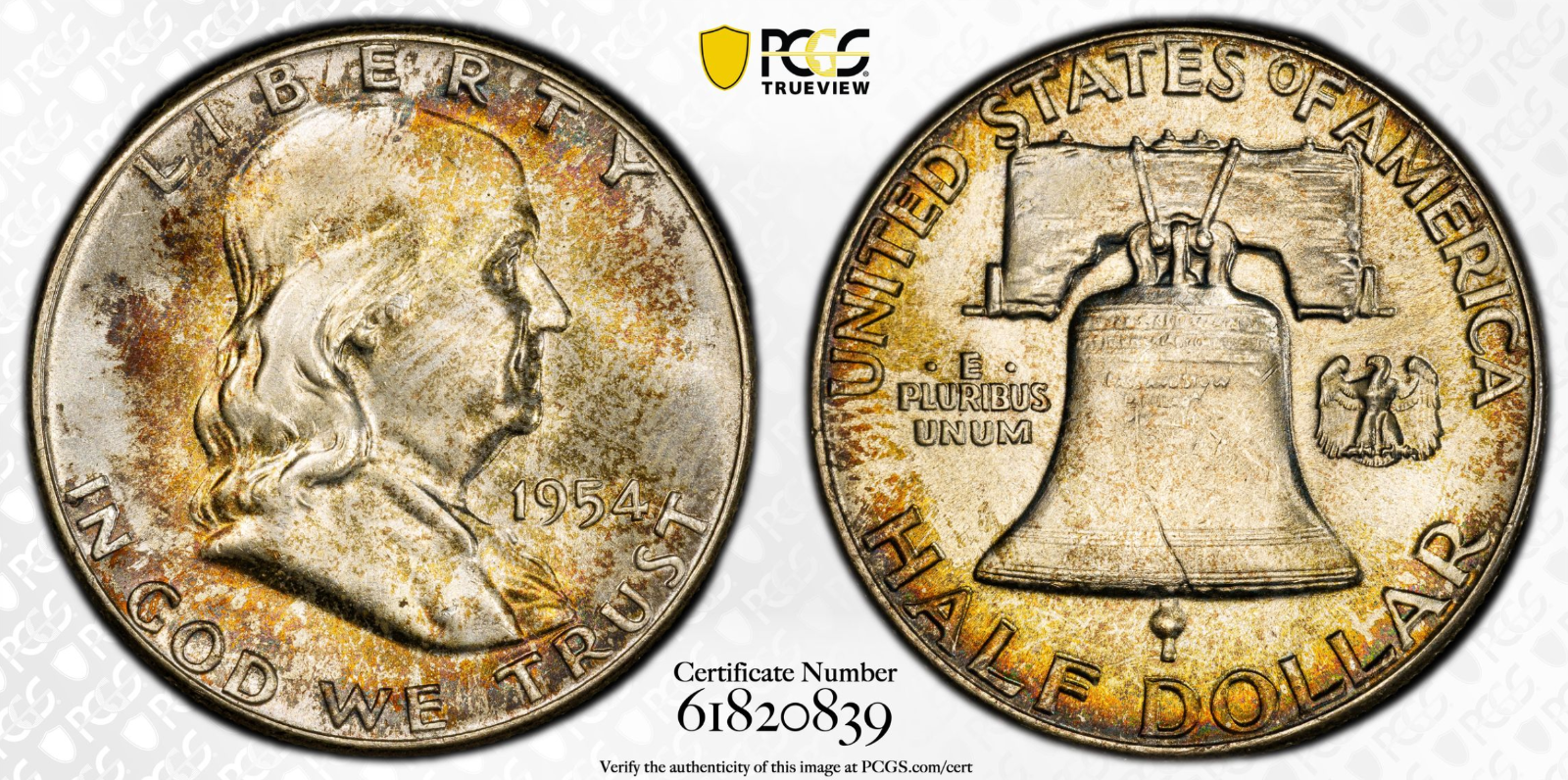 1954 PCGS MS66 CAC Franklin Half Dollar Toned Strong Bell Lines