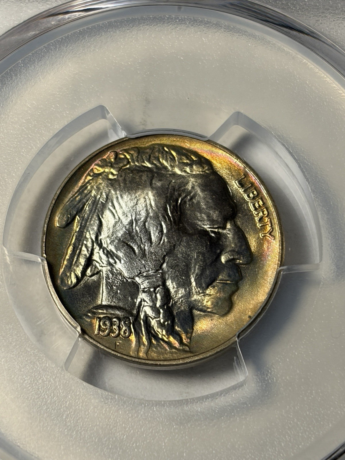 1938-D/S PCGS MS67+ Buffalo Nickel Rainbow Toned