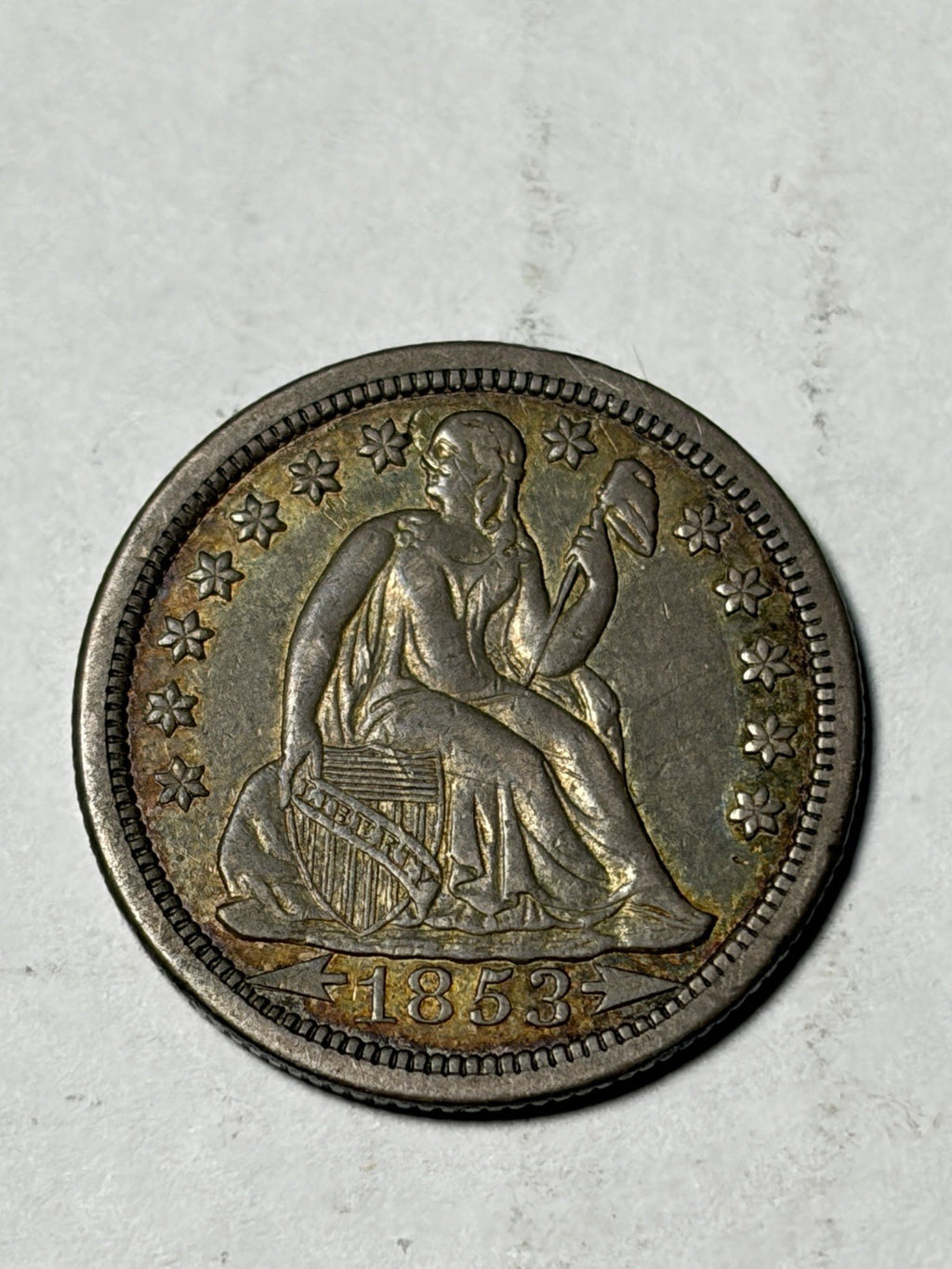 1853 With Arrows Seated Liberty Dime Toned