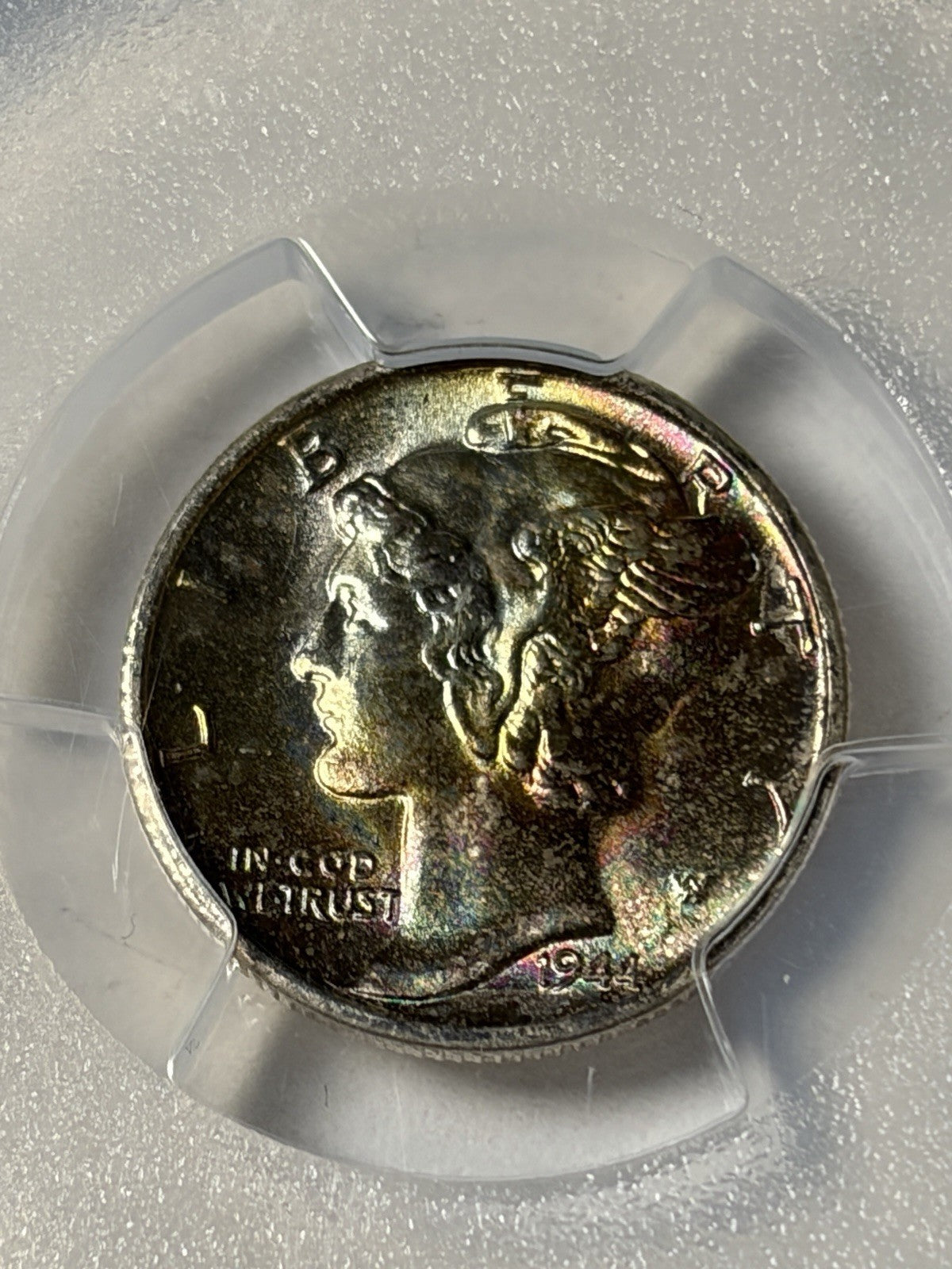 1944-D PCGS MS68 FB Mercury Silver Dime Rainbow Toned