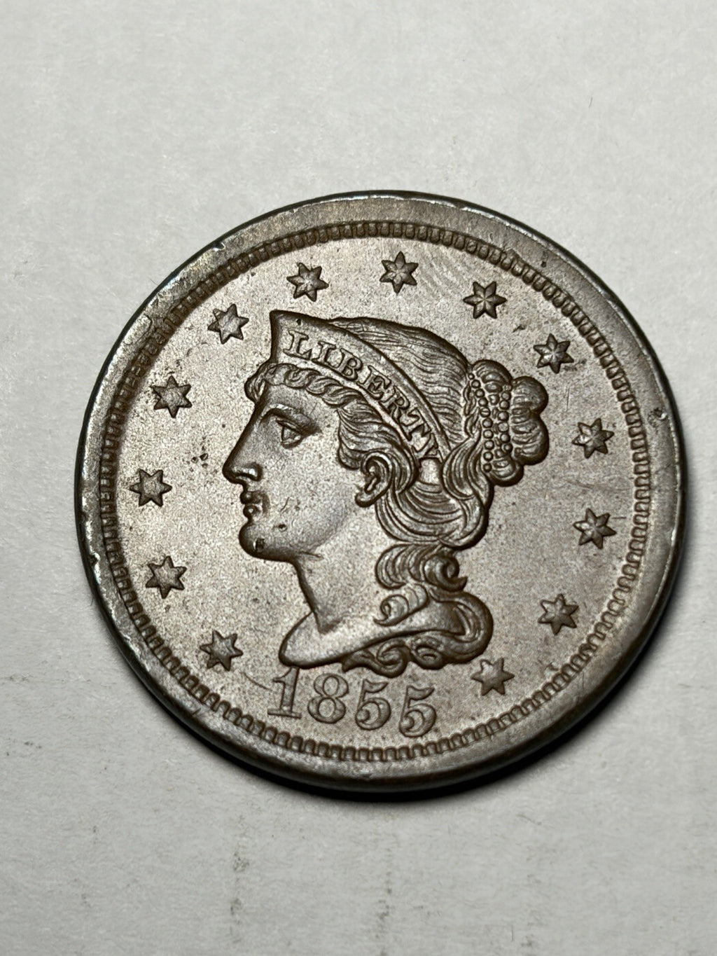 1855 Upright 55 Braided Hair Large Cent Uncirculated