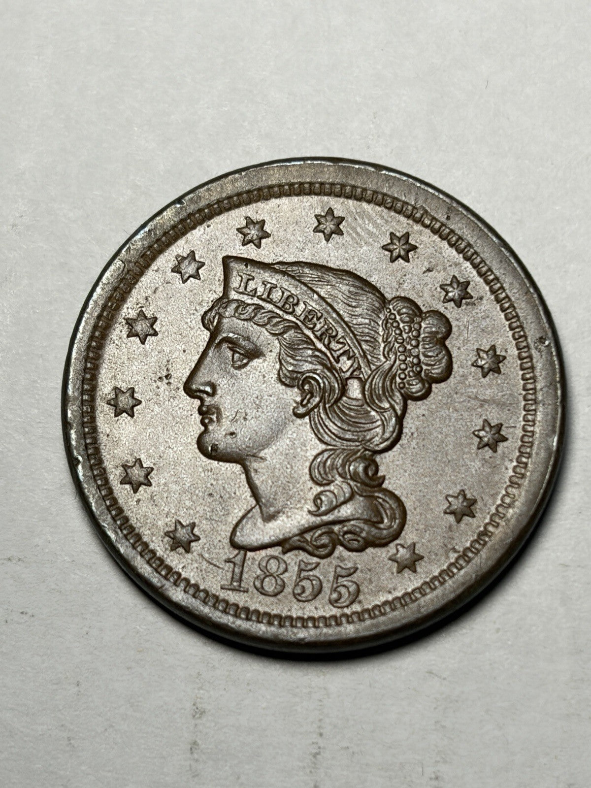 1855 Upright 55 Braided Hair Large Cent Uncirculated