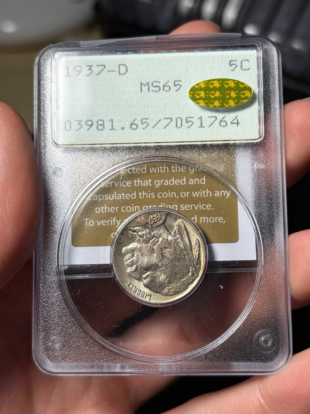 1937-D PCGS MS65 GOLD CAC Buffalo Nickel Rattler Holder
