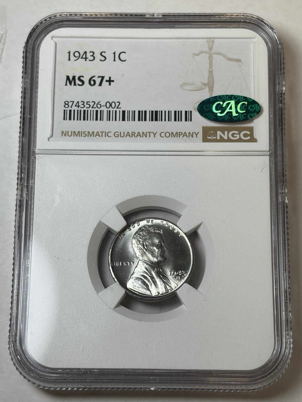 1943-S NGC MS67+ CAC Lincoln Wheat Steel Cent
