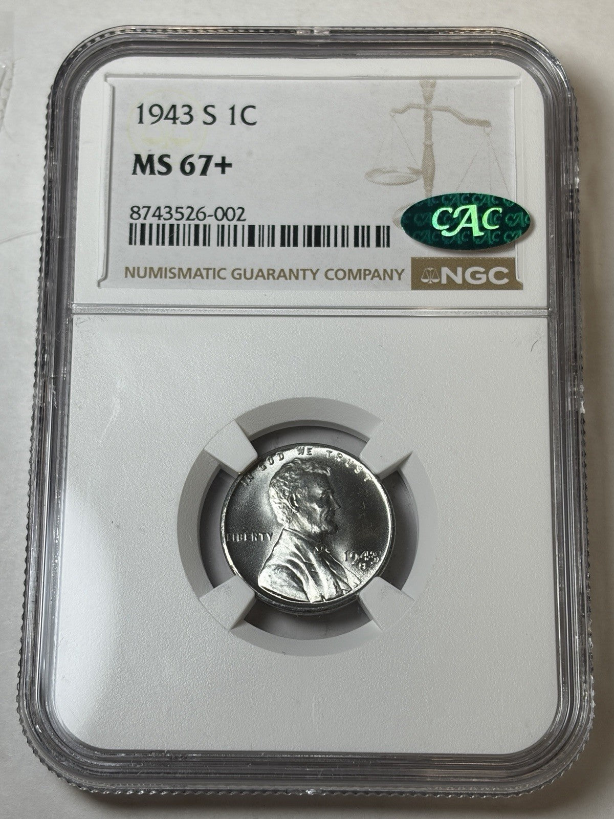 1943-S NGC MS67+ CAC Lincoln Wheat Steel Cent