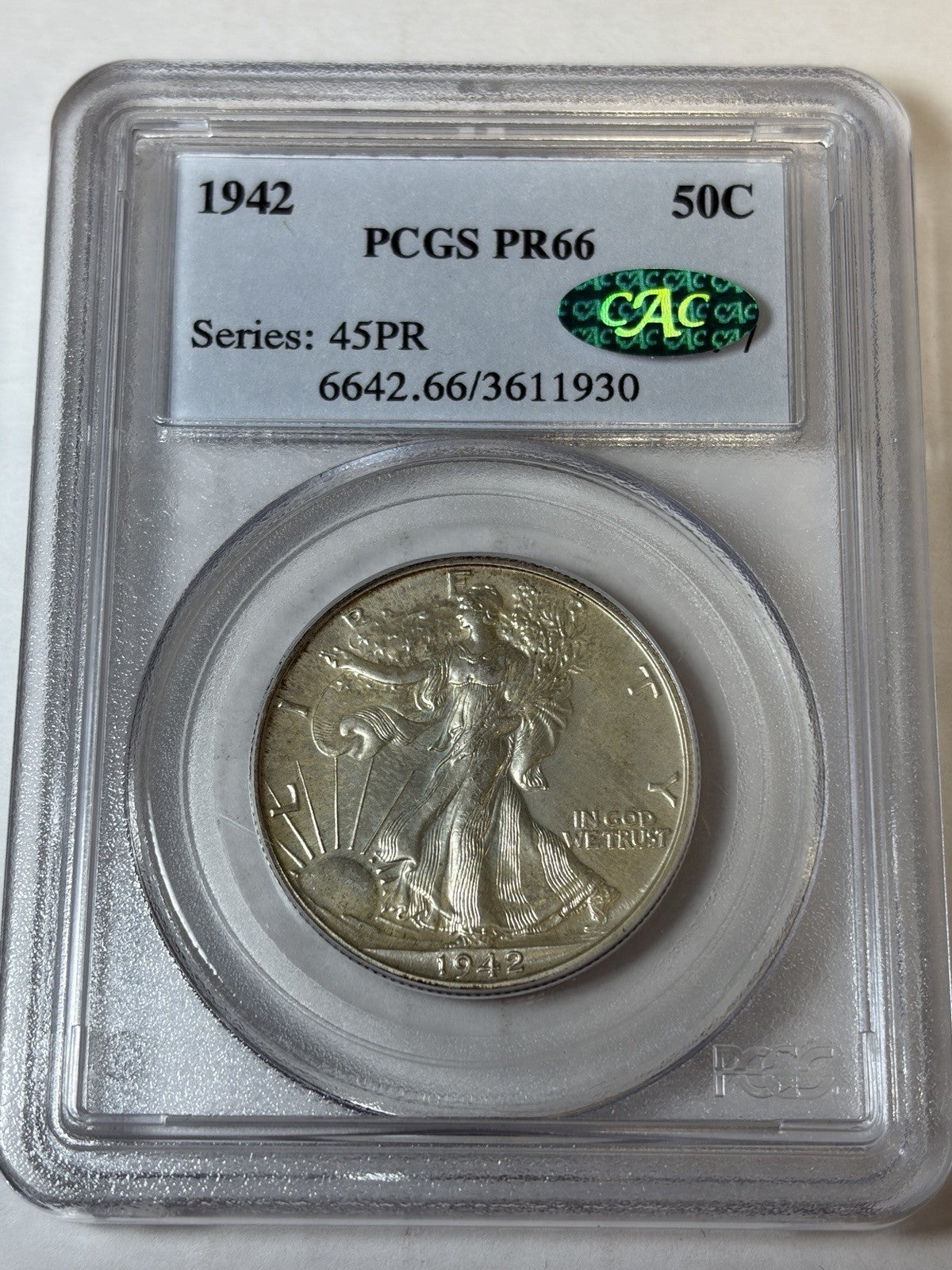 1942 PCGS PR66 CAC Walking Liberty Half Dollar Toned