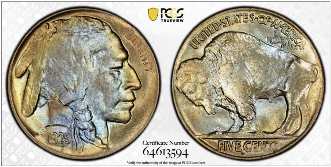 1925-D PCGS MS65 Buffalo Nickel Toned Blue And Gold