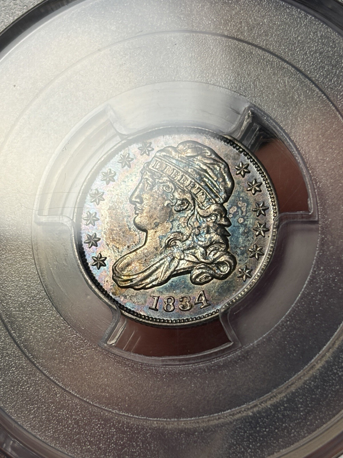 1834 PCGS MS61 Large 4 Capped Bust Silver Dime Toned
