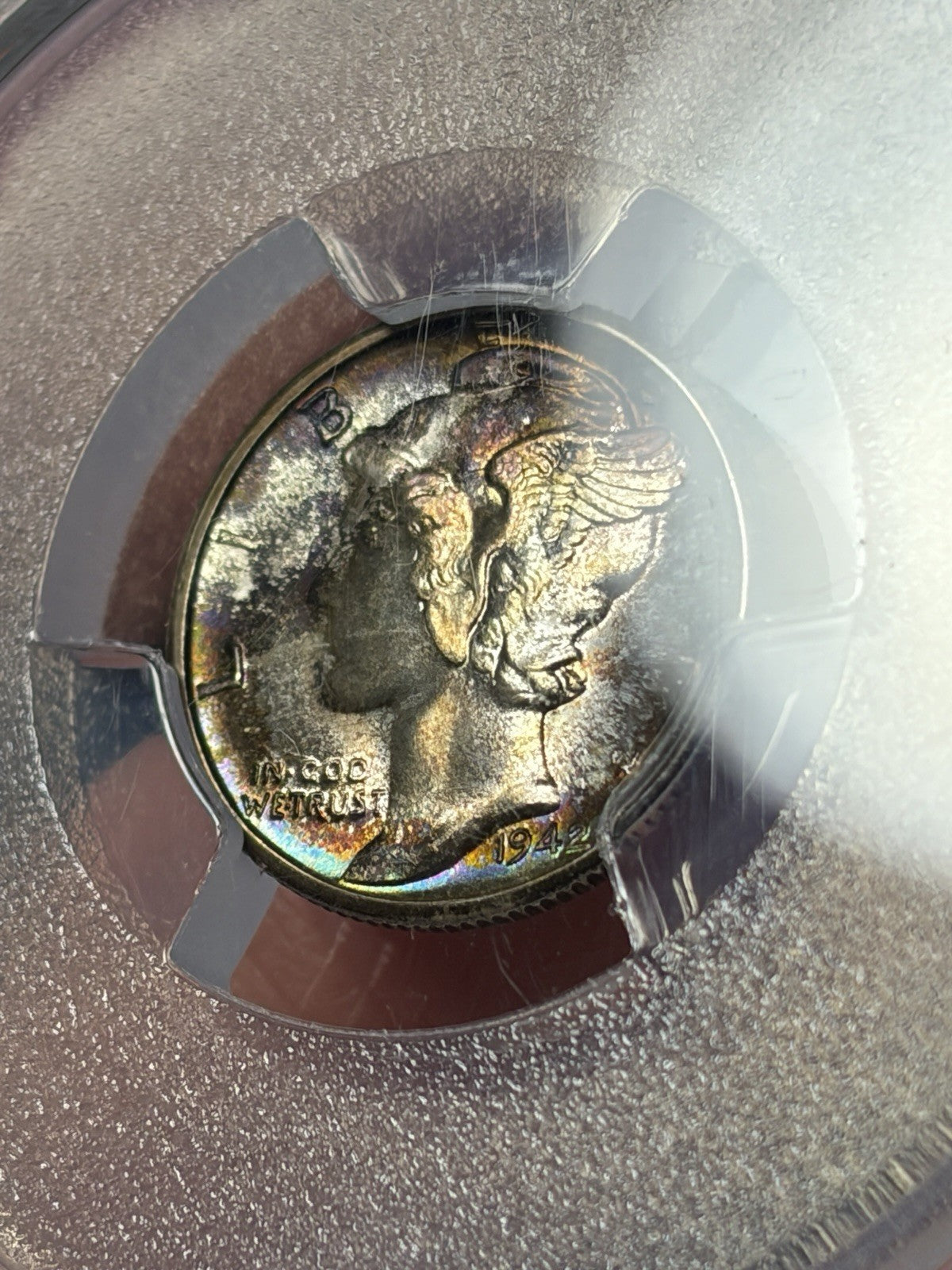1942-D PCGS MS68 FB CAC Mercury Silver Dime Toned Toning