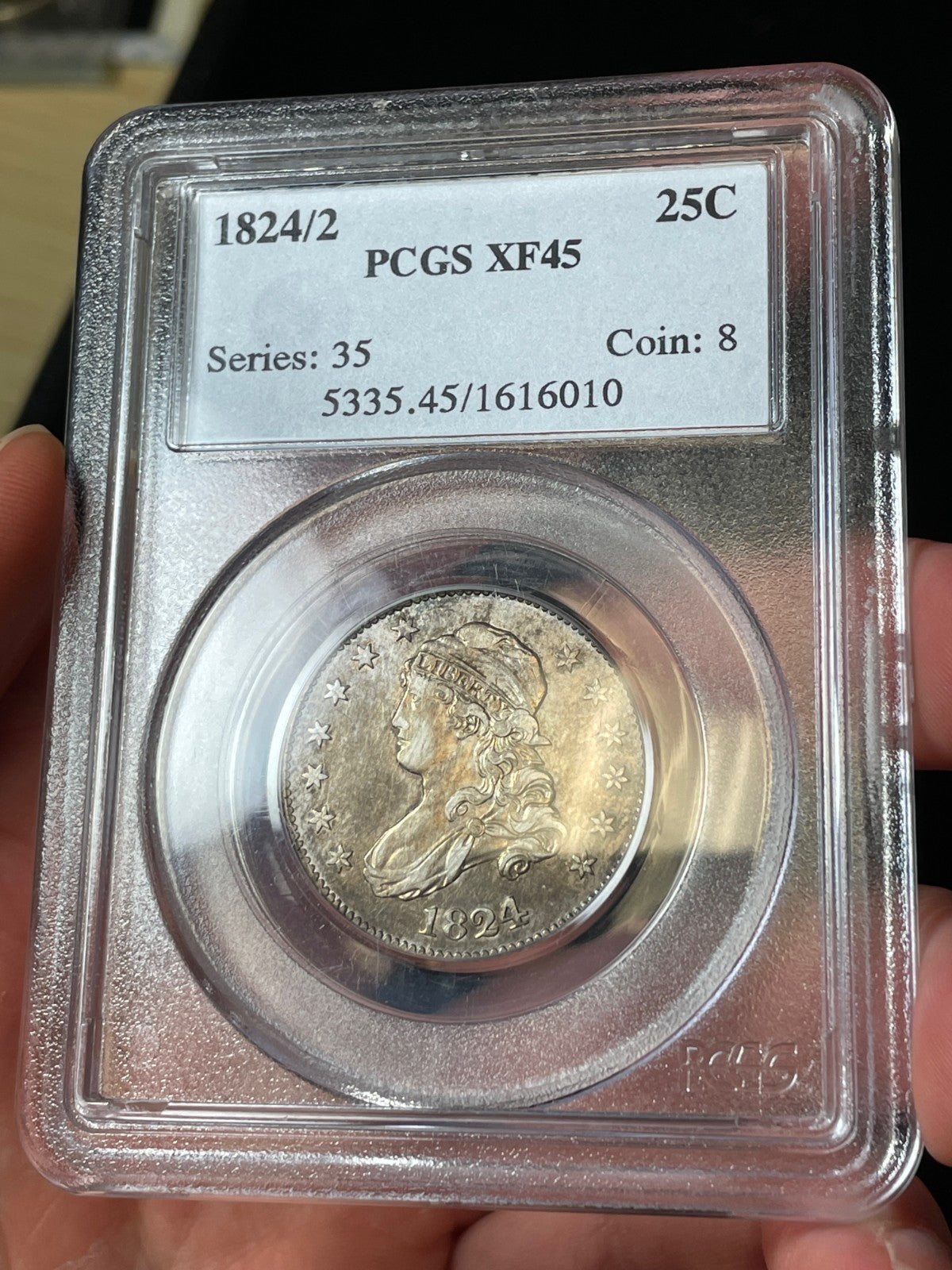 1824/2 PCGS XF45 Capped Bust Quarter High Grade Older Blue Holder