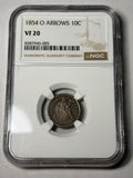 1854-O With Arrows NGC VF20 Seated Liberty Dime