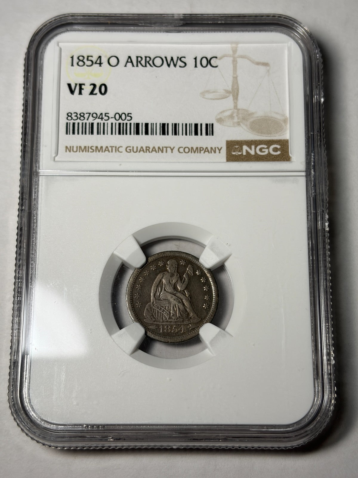 1854-O With Arrows NGC VF20 Seated Liberty Dime