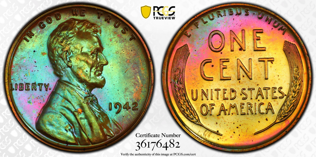 1942 PCGS PR65 BN Lincoln Wheat Cent Incredible Monster Toned Neon Green Blue