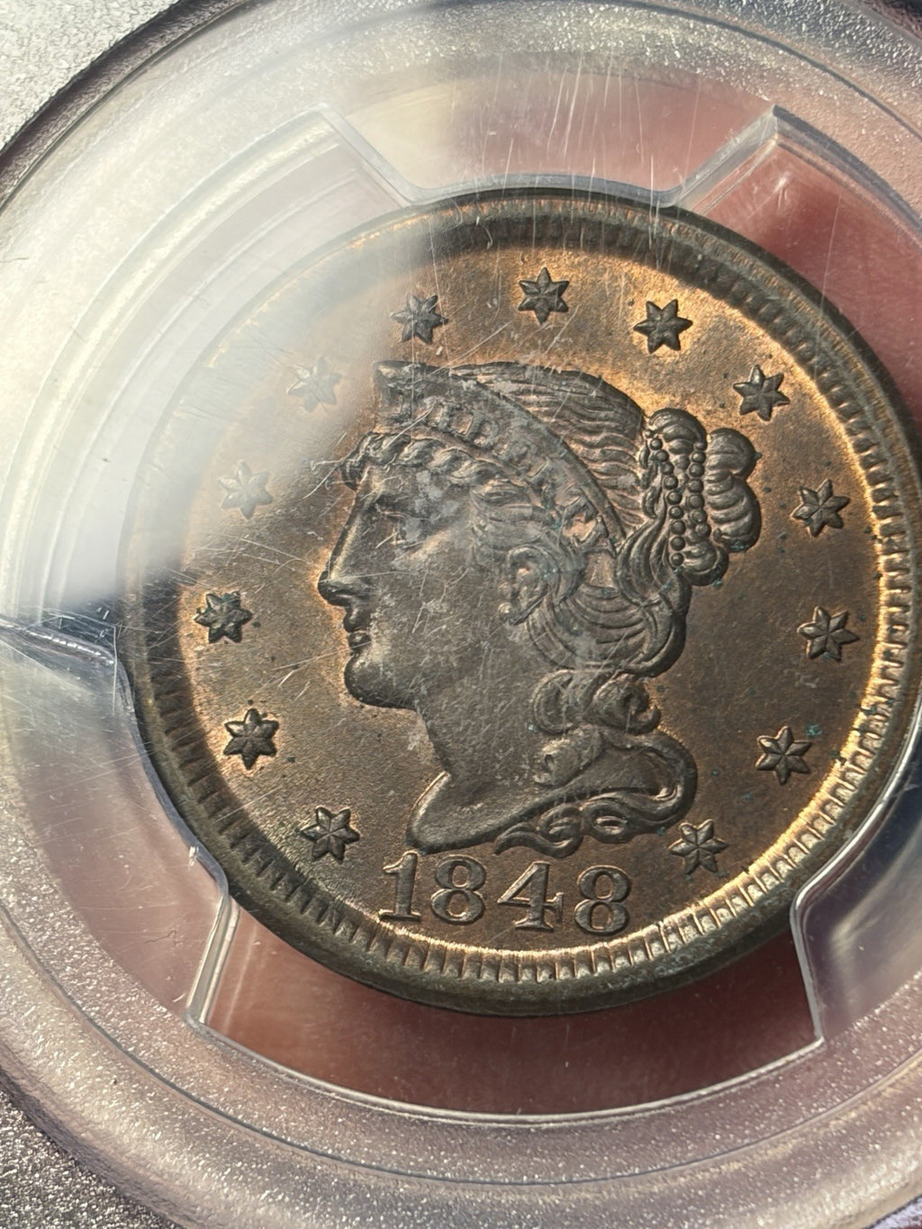 1848 PCGS MS65 RB CAC Braided Hair Large Cent