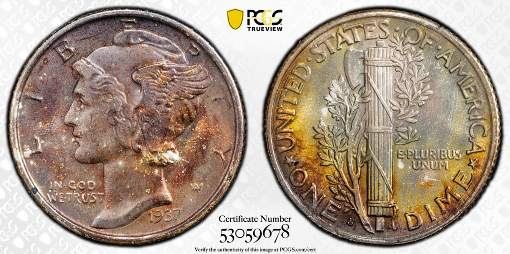 1937-S PCGS MS65 CAC Mercury Silver Dime Toned Nice