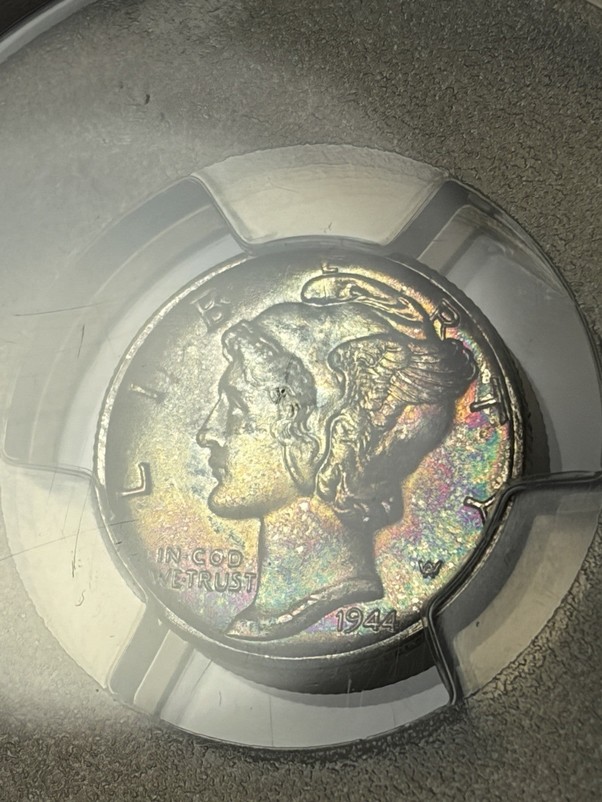 1944-D PCGS MS68 FB Mercury Silver Dime Rainbow Toned