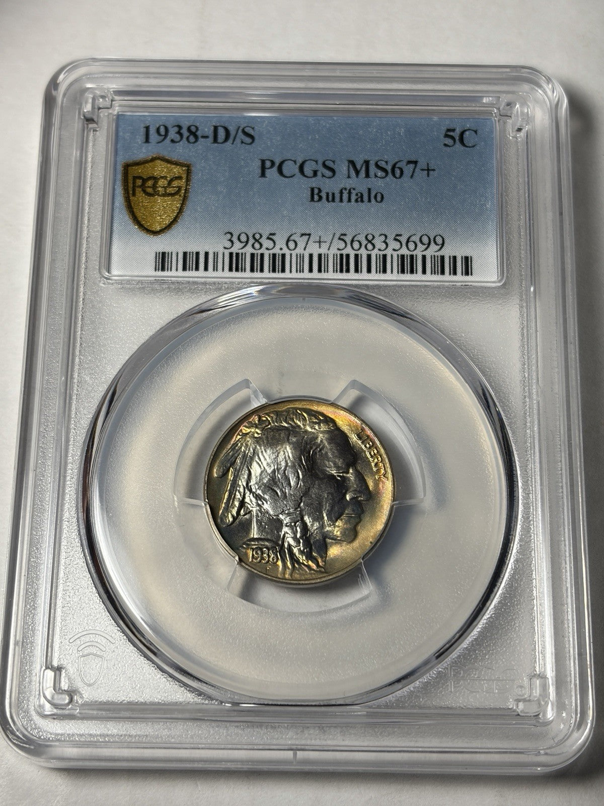 1938-D/S PCGS MS67+ Buffalo Nickel Rainbow Toned