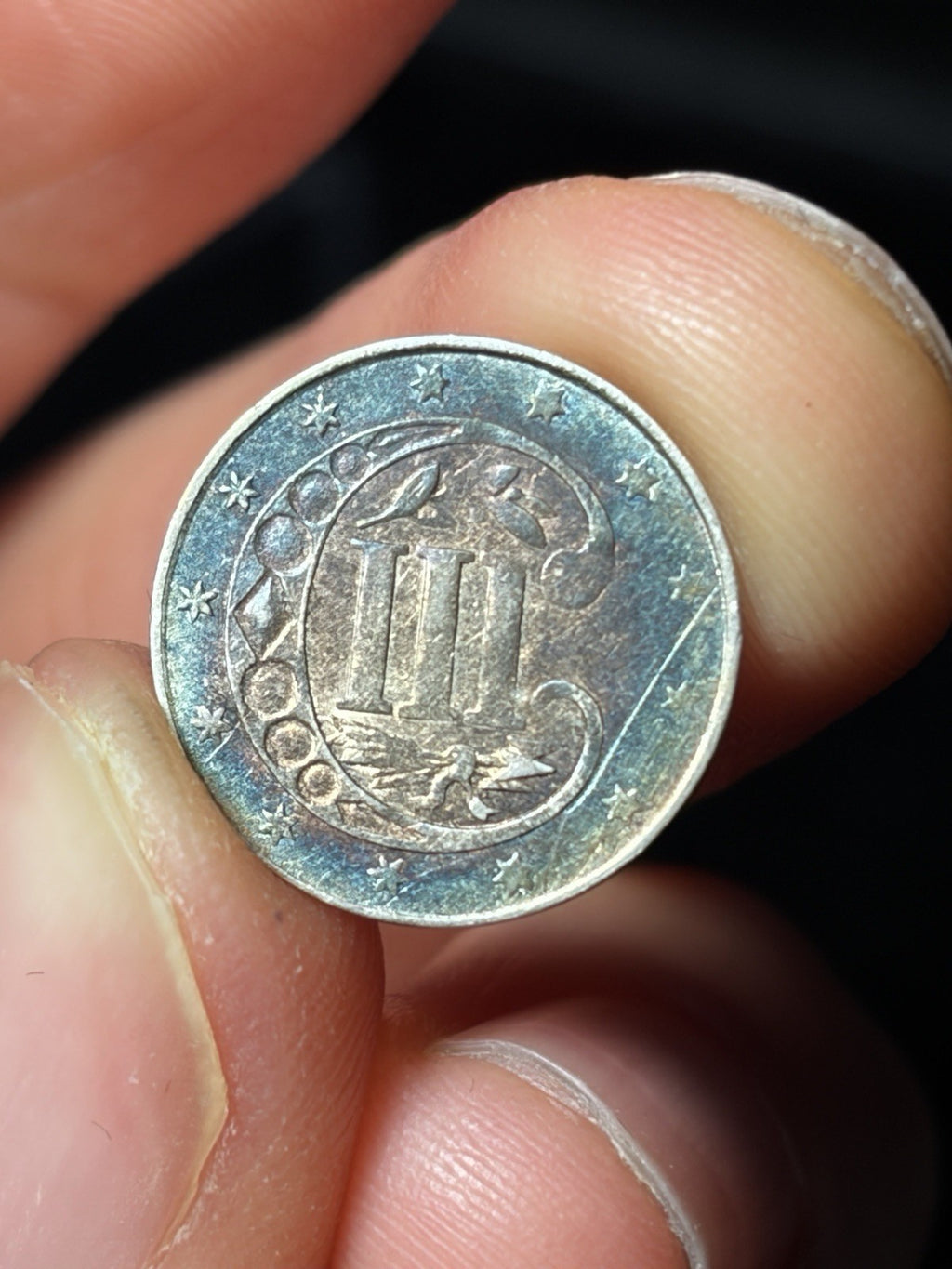 1860 Three Cent Silver 3CS Toned Toning Details