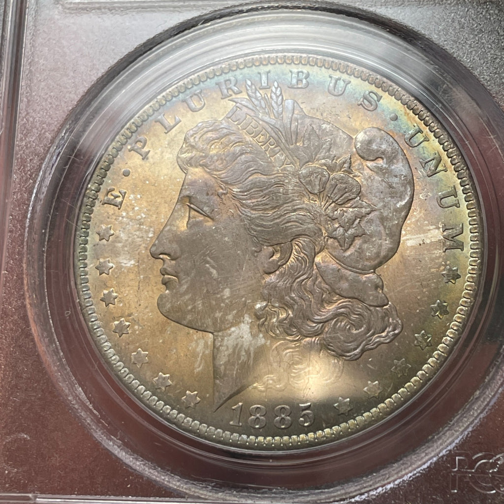 1885-O PCGS MS65 CAC Morgan Silver Dollar Dual Sided Toner PQ Coin