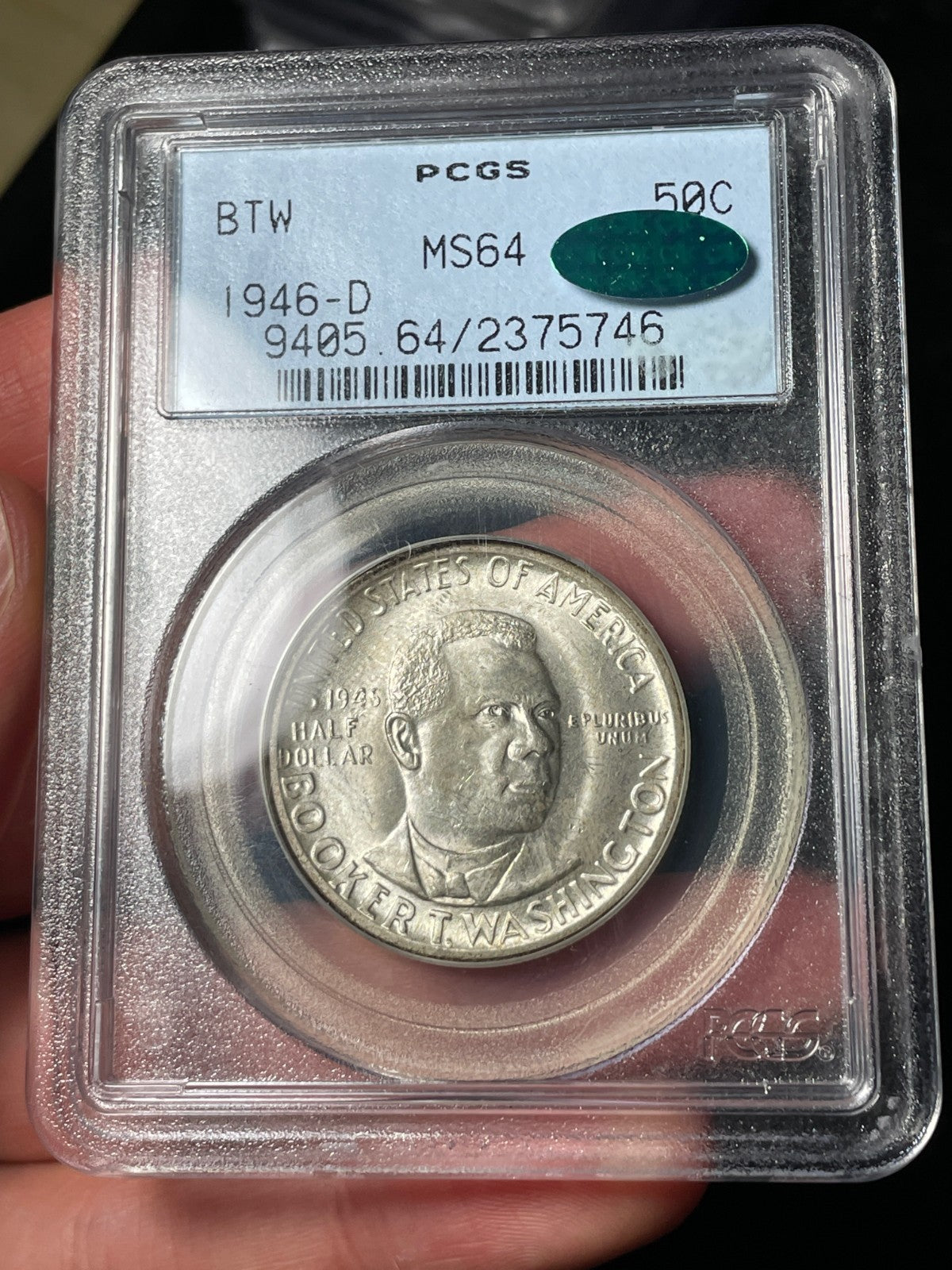 1946-D PCGS MS64 CAC Booker T Washington Commemorative Half Dollar Old Blue