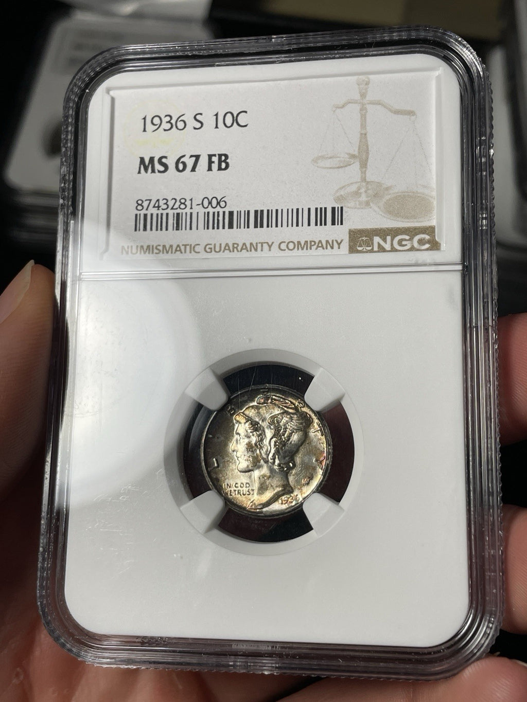 1936-S NGC MS67 FB Mercury Dime Toned
