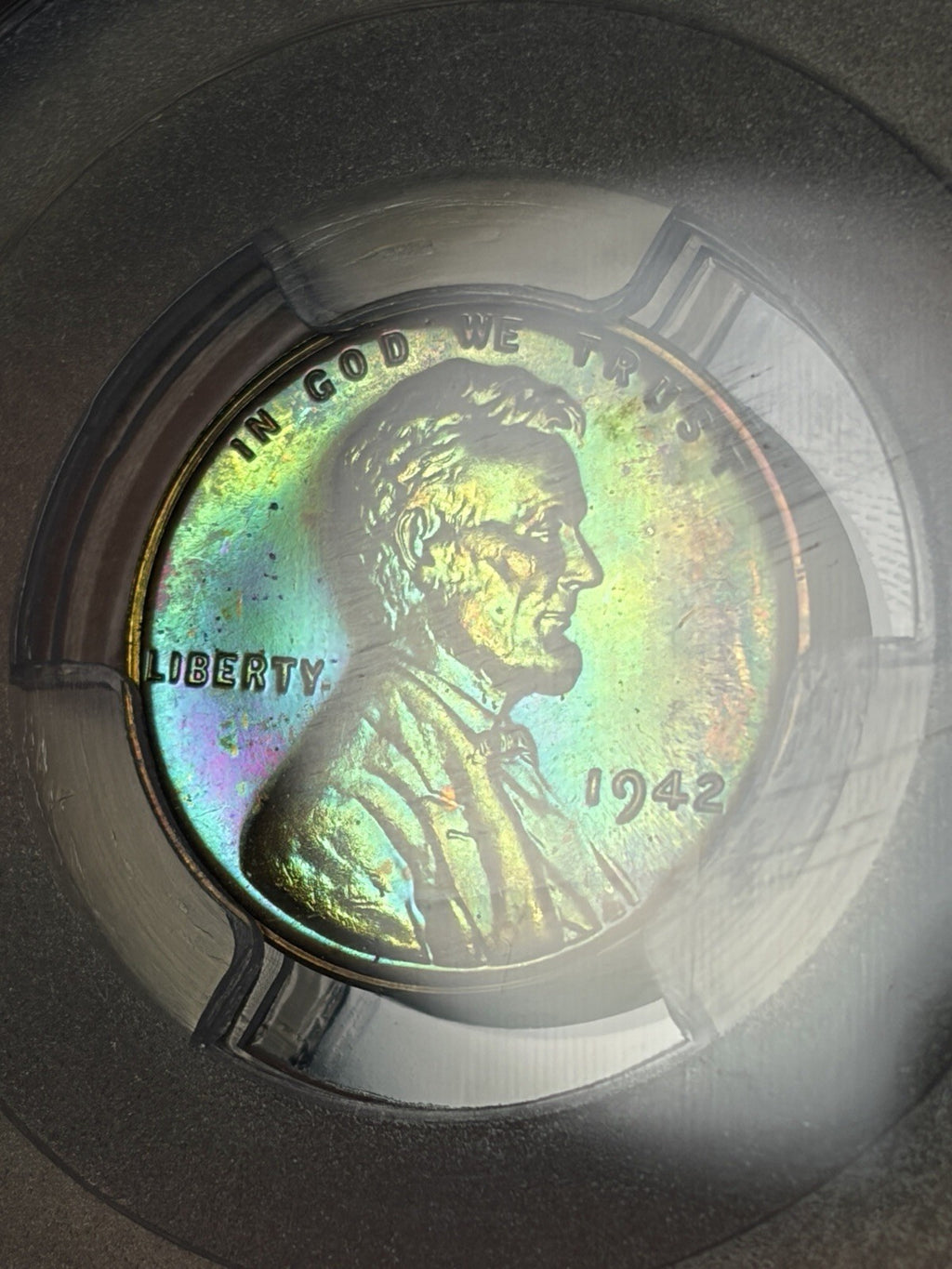 1942 PCGS PR65 BN Lincoln Wheat Cent Incredible Monster Toned Neon Green Blue