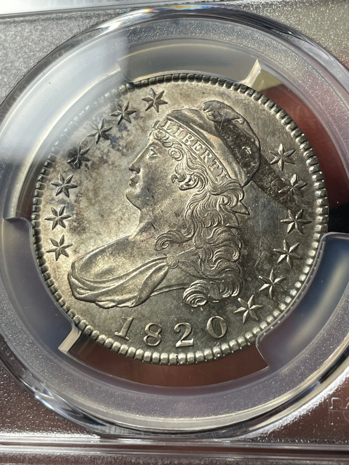 1820 PCGS UNC Detail Capped Bust Half Dollar Mint Error Obverse Lamination Sq 2