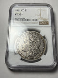 1891-CC NGC VF30 Morgan Silver Dollar Carson City Rare Date