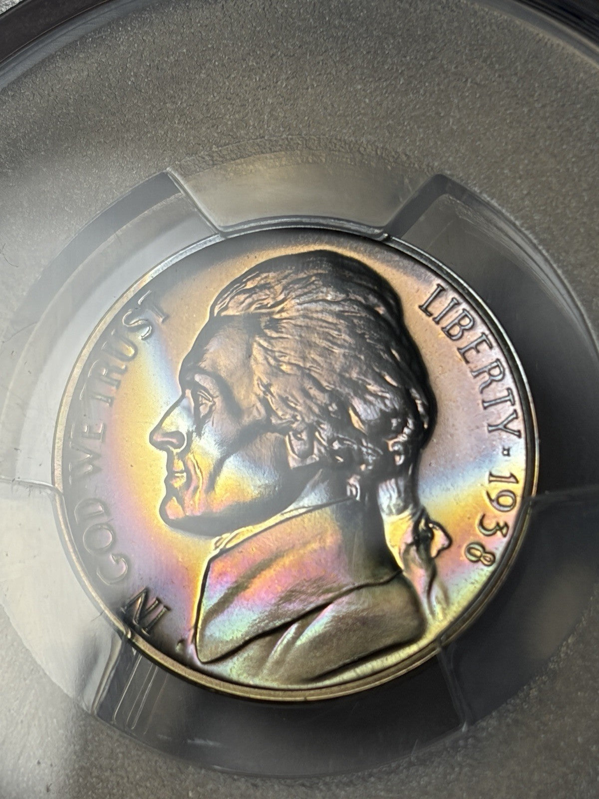 1938 PCGS PR68 Jefferson Nickel Proof Rainbow Toned