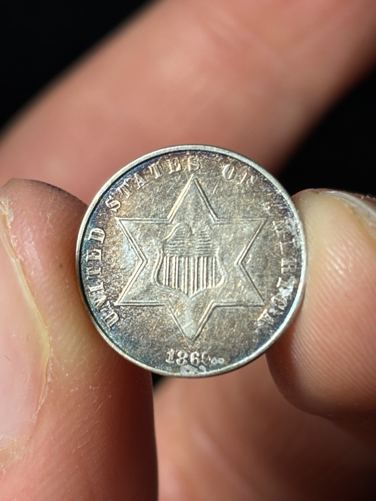 1860 Three Cent Silver 3CS Toned Toning Details