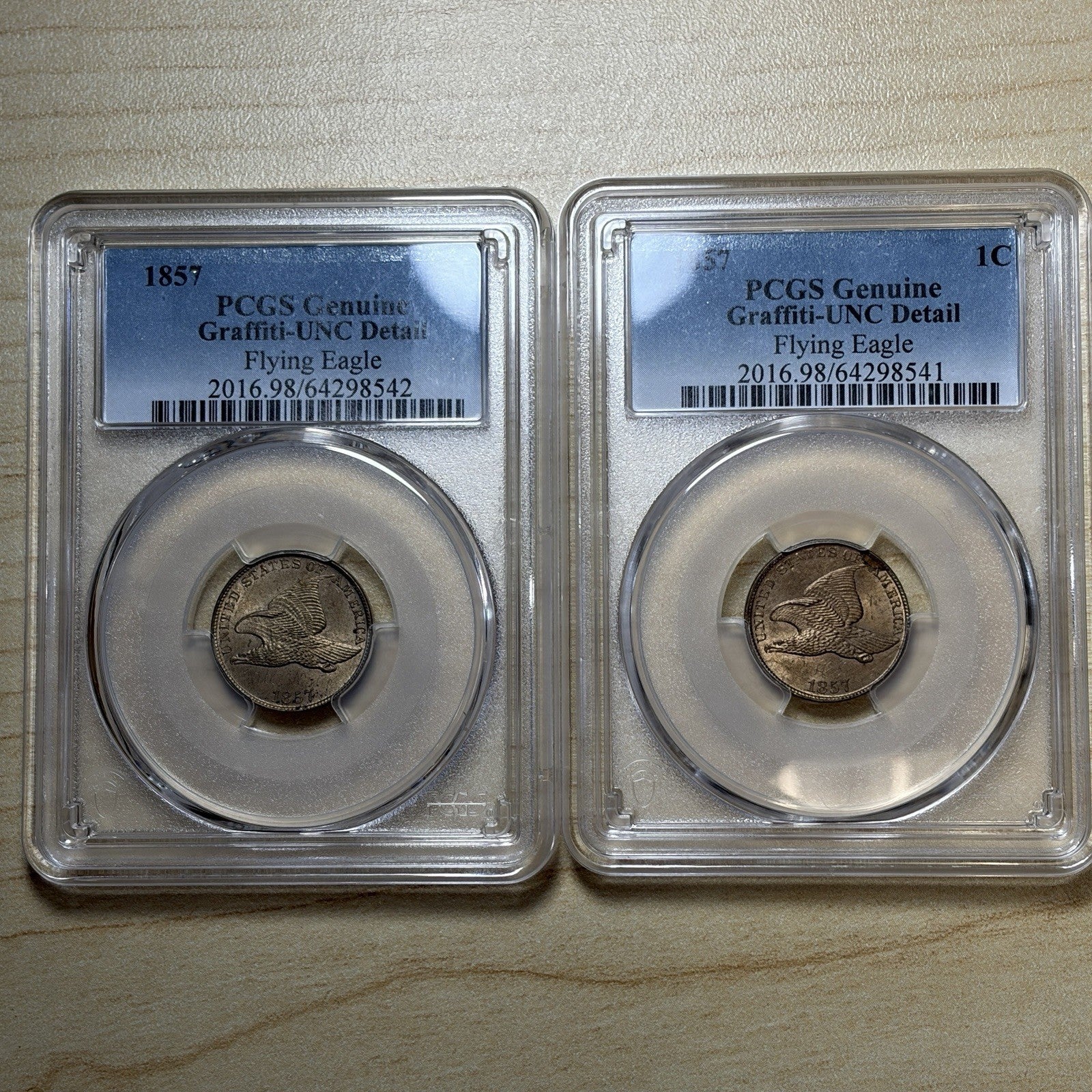 1857 PCGS Genuine Flying Eagle Graffiti Set