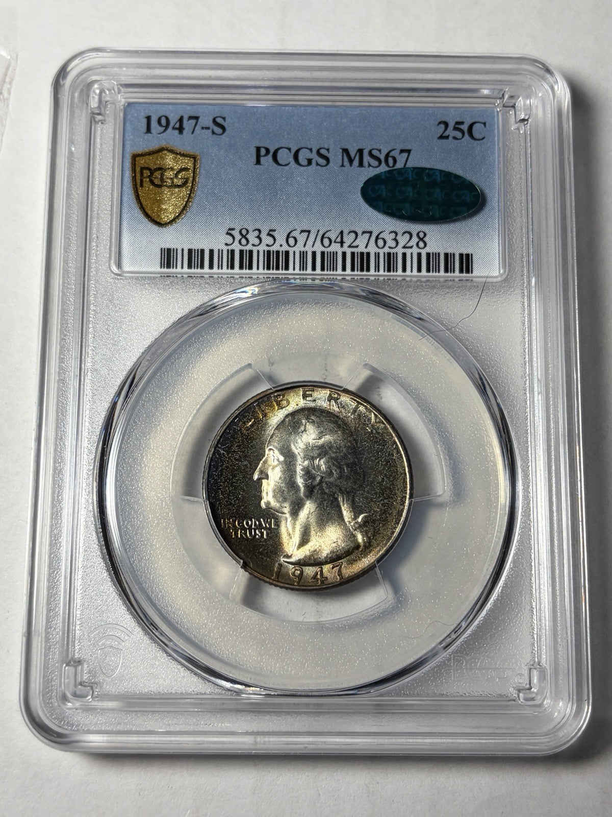 1947-S PCGS MS67 CAC Washington Silver Quarter Toned