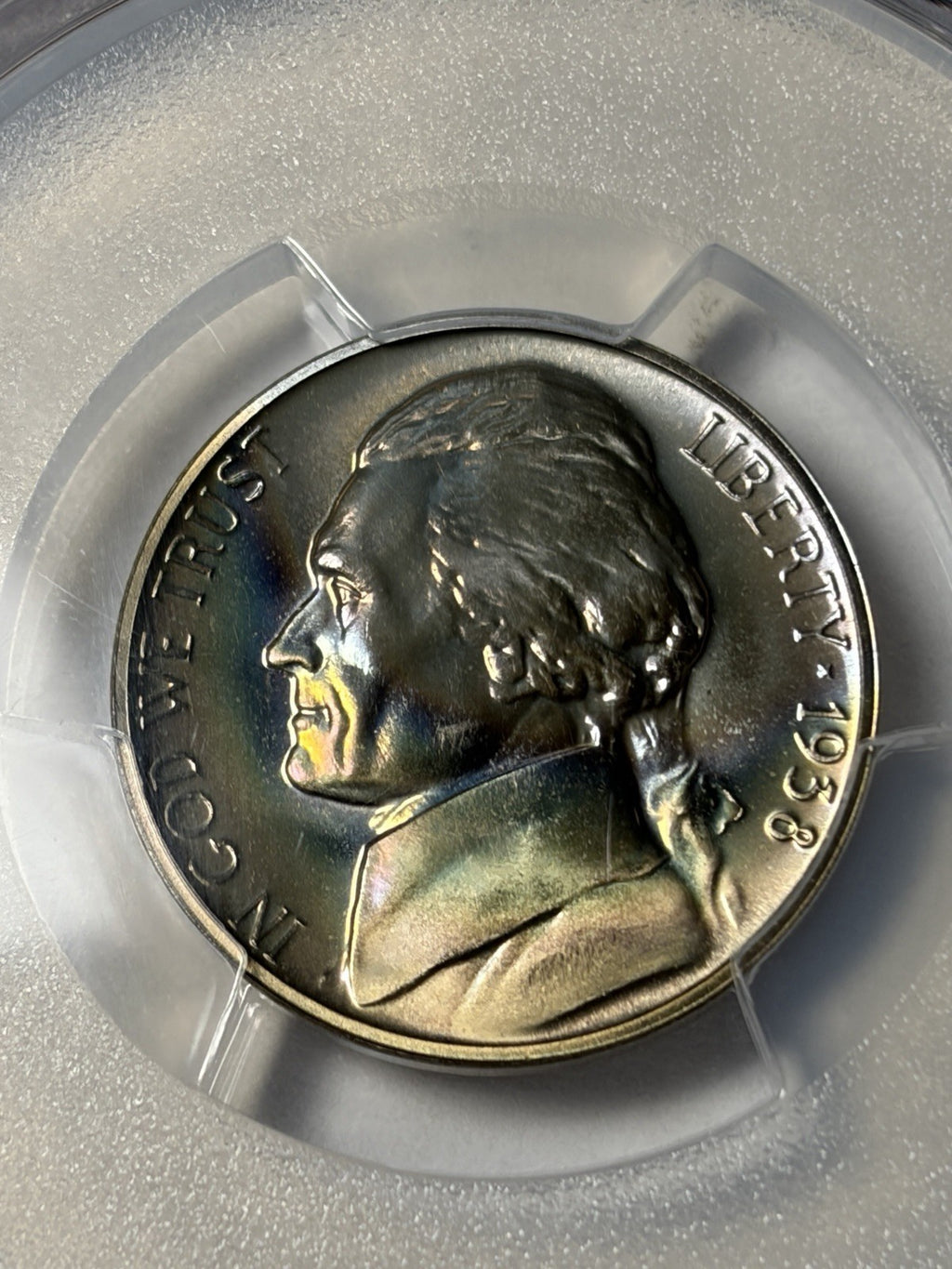 1938 PCGS PR68 Jefferson Nickel Proof Rainbow Toned