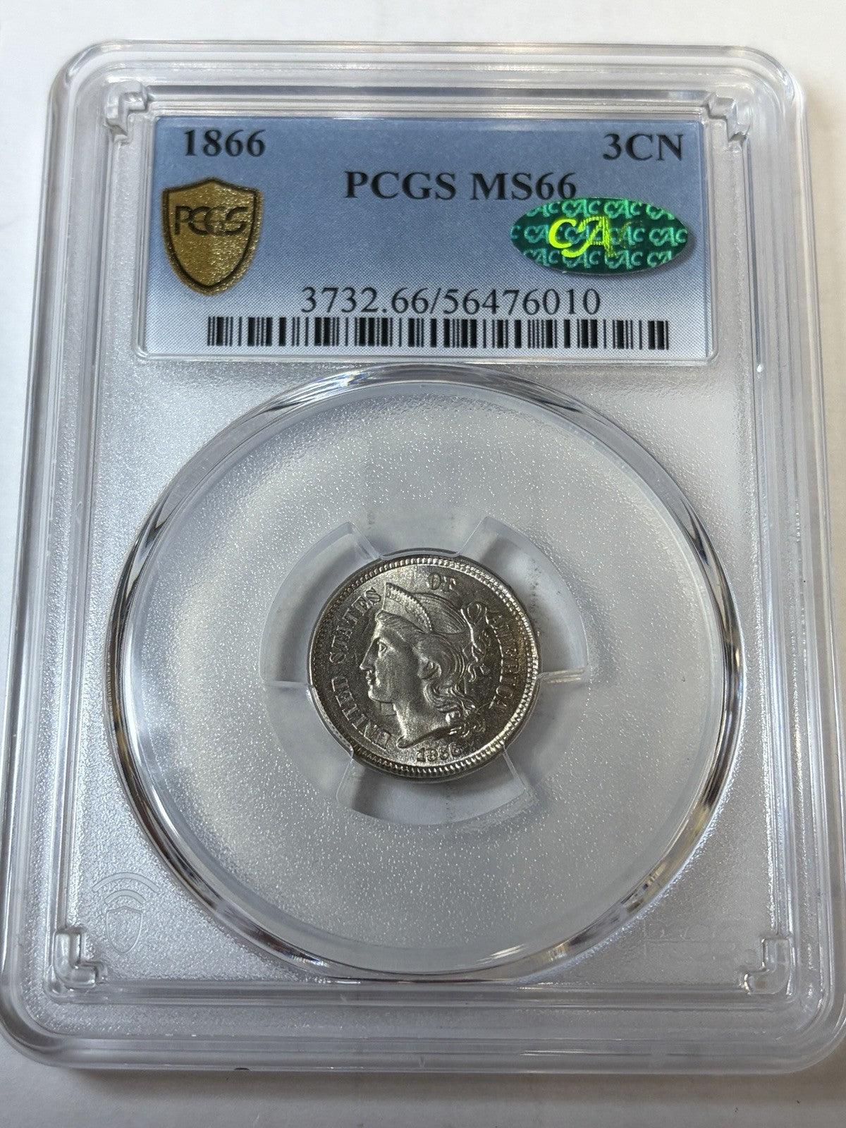 1866 PCGS MS66 CAC Three Cent Nickel