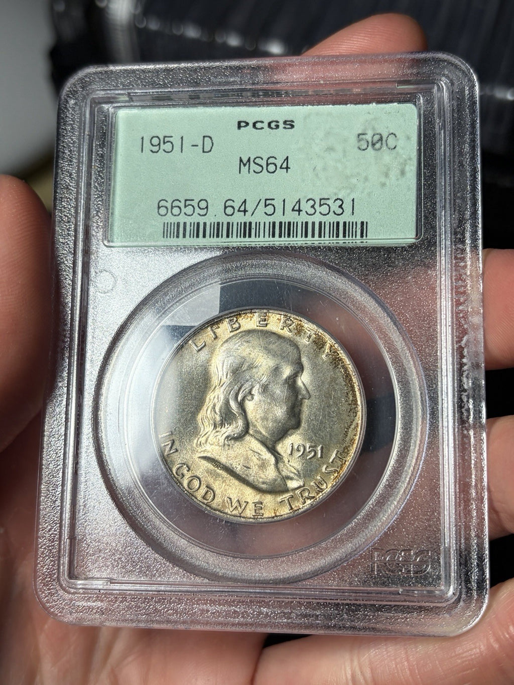 1951-D PCGS MS64 Franklin Half Dollar Toned OGH Old Holder