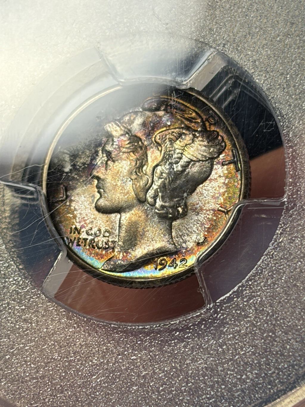 1942-D PCGS MS68 FB CAC Mercury Silver Dime Toned Toning