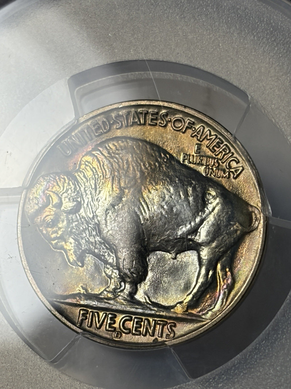 1938-D/S PCGS MS67+ Buffalo Nickel Rainbow Toned
