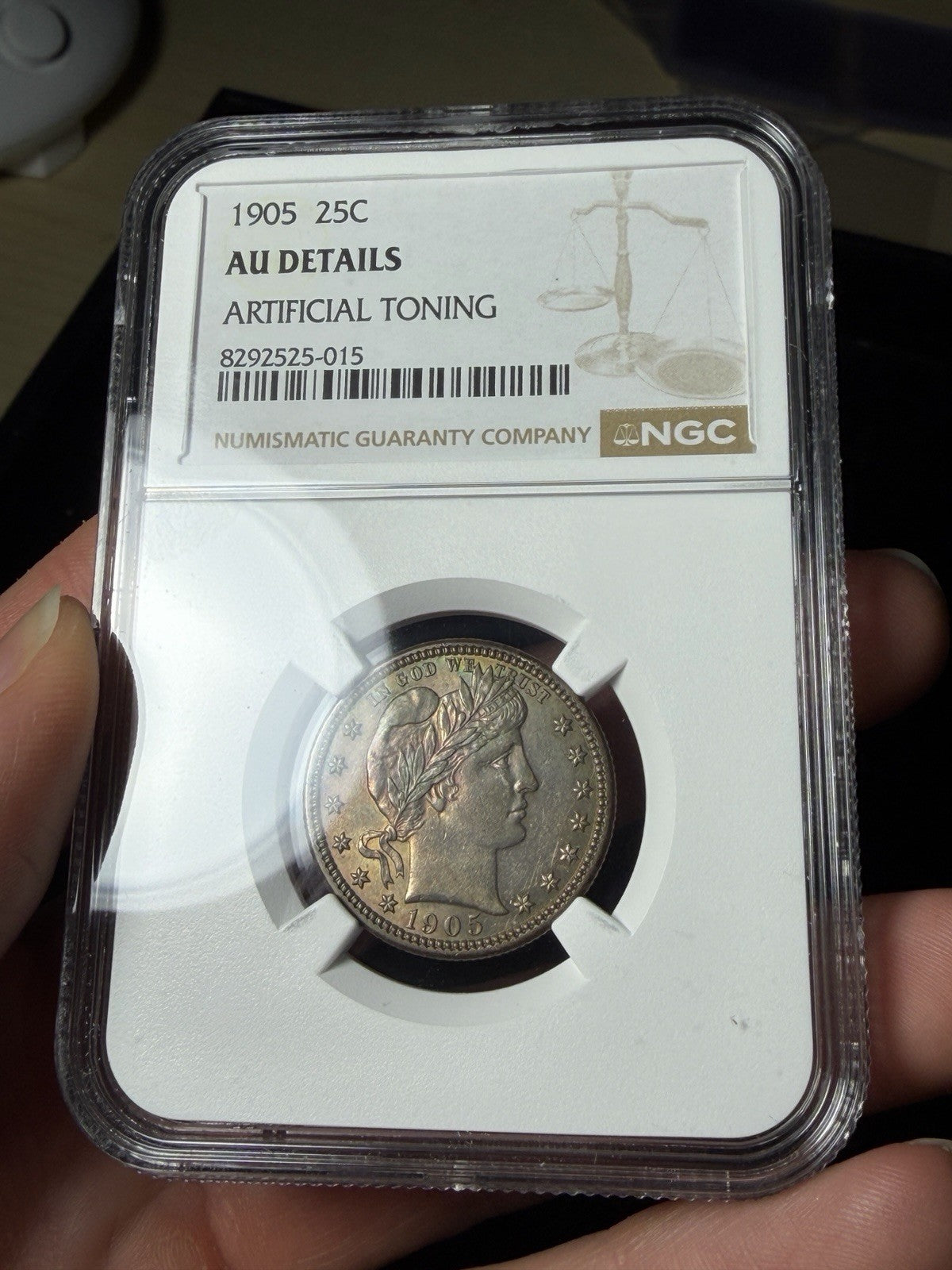 1905 NGC AU Details Barber Quarter Toned