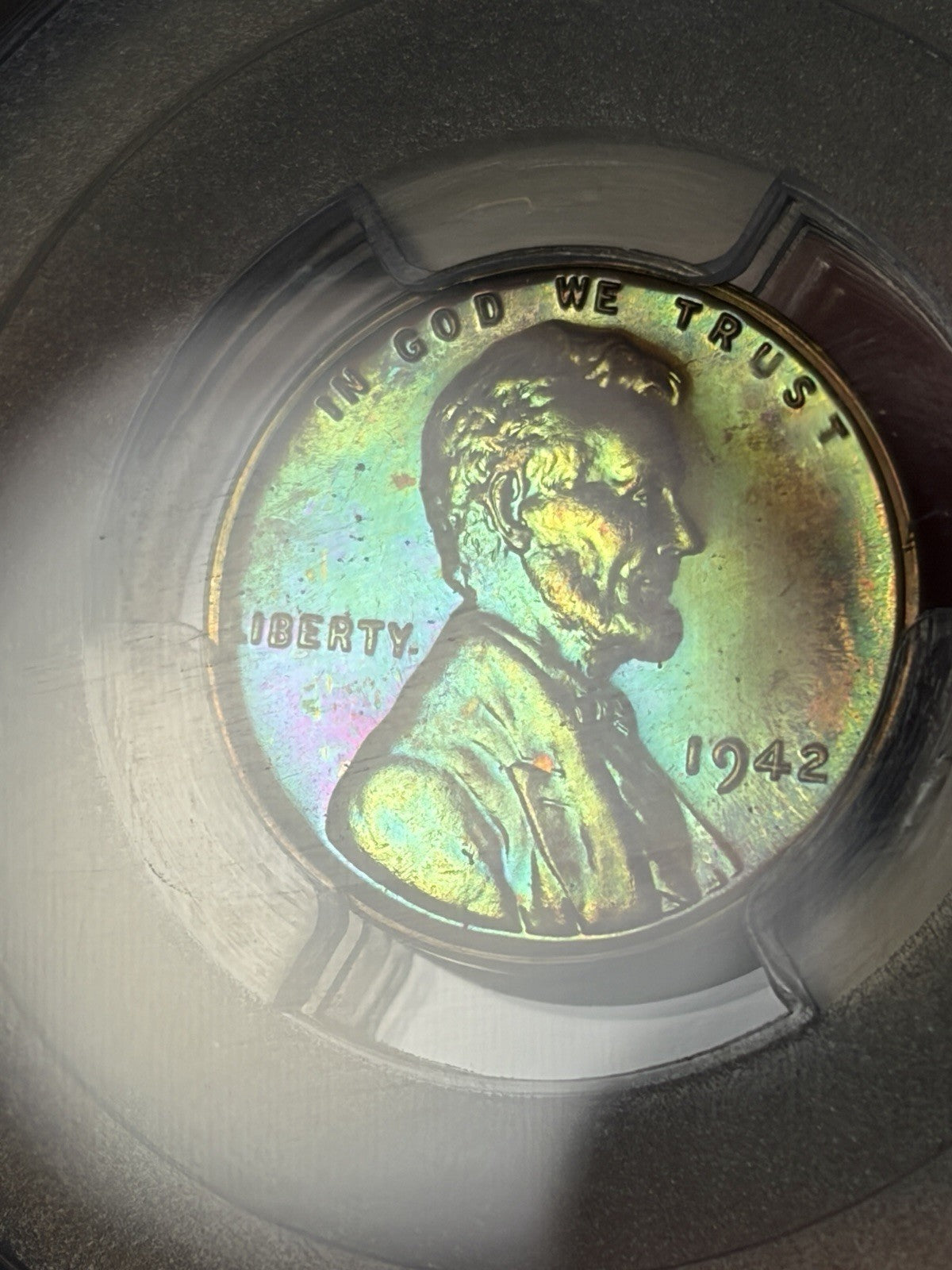 1942 PCGS PR65 BN Lincoln Wheat Cent Incredible Monster Toned Neon Green Blue