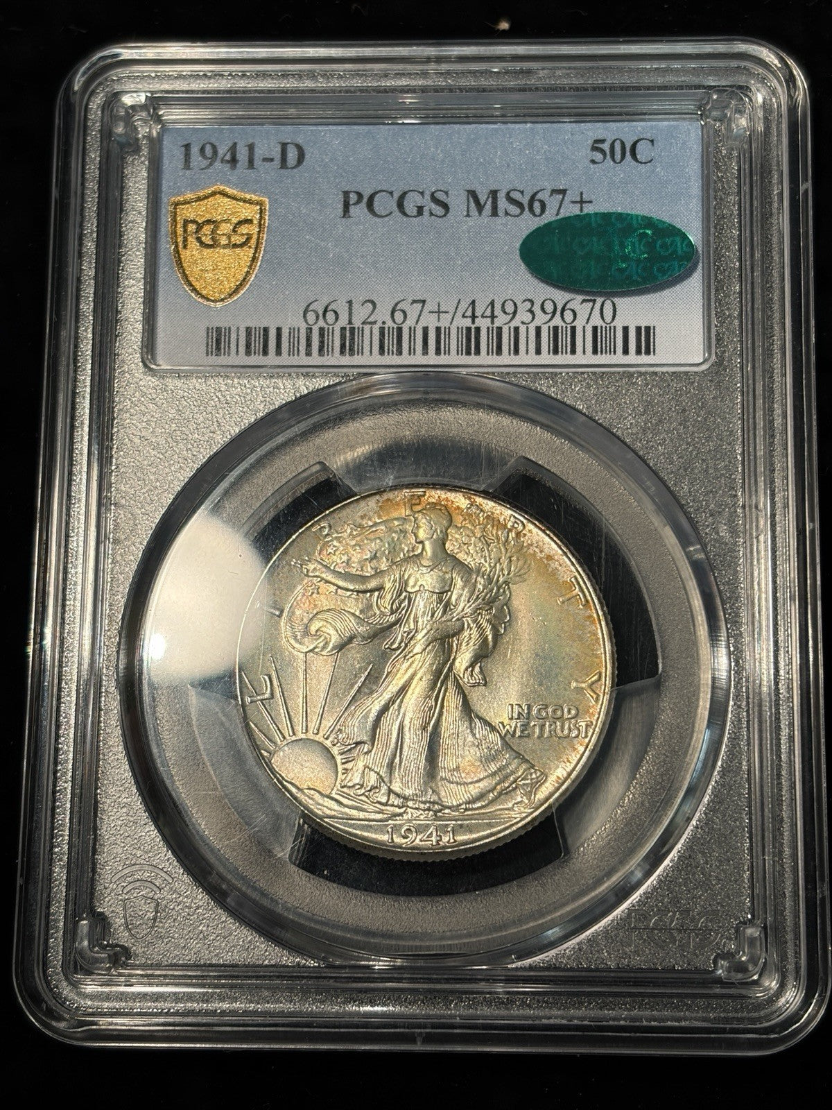 1941-D PCGS MS67+ CAC Walking Liberty Half Dollar Toned