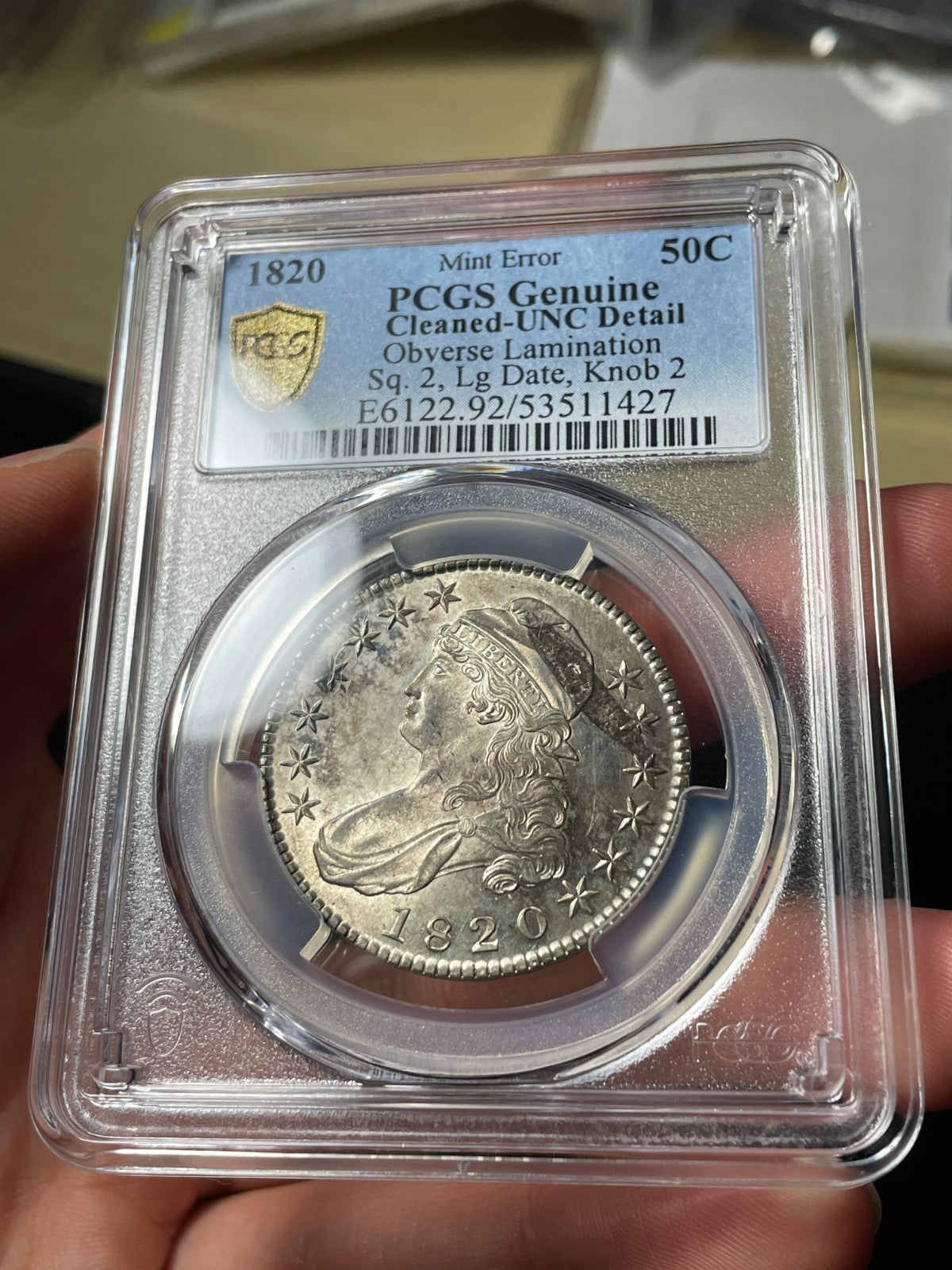 1820 PCGS UNC Detail Capped Bust Half Dollar Mint Error Obverse Lamination Sq 2