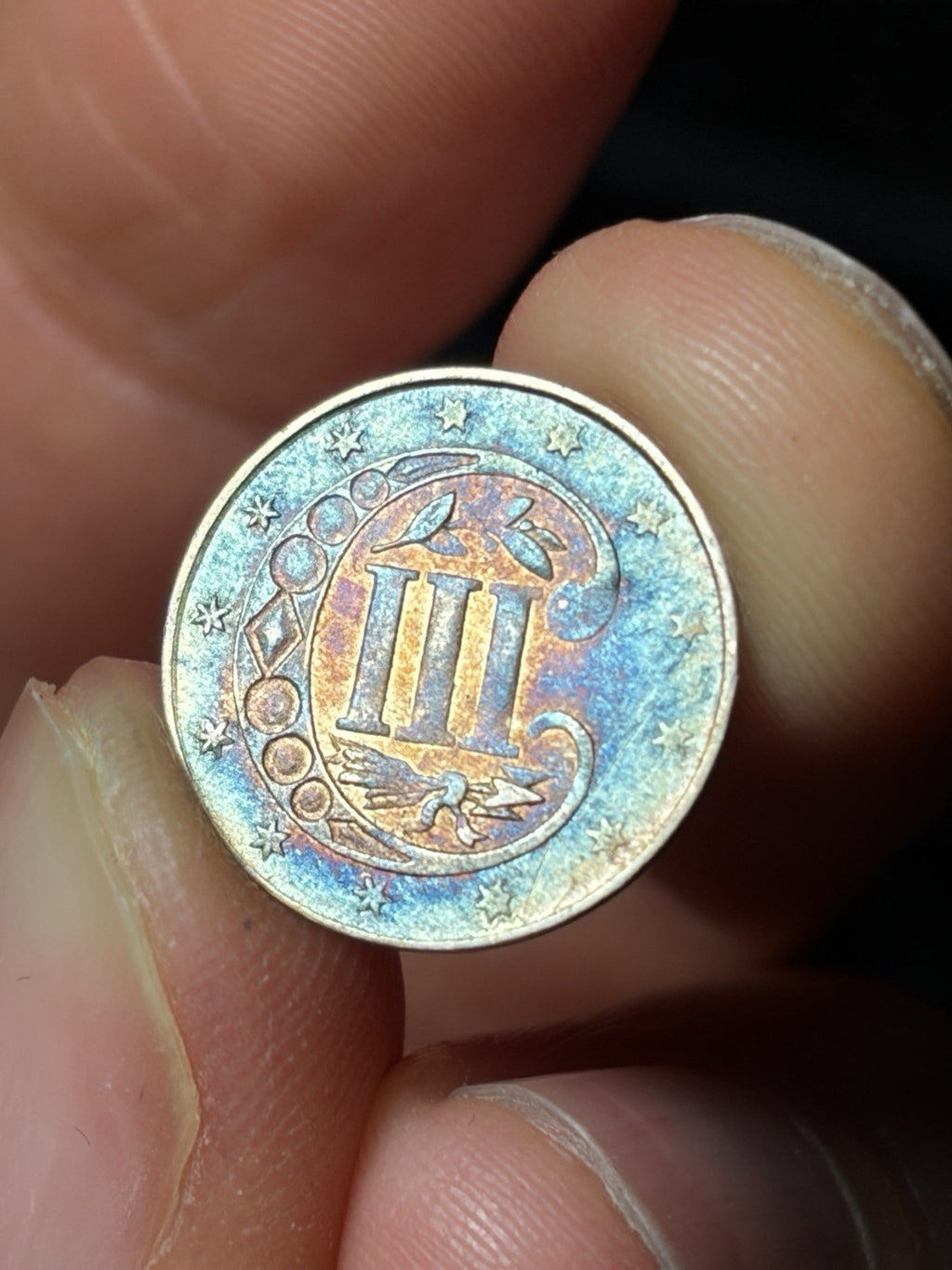 1860 Three Cent Silver 3CS Toned Toning Details