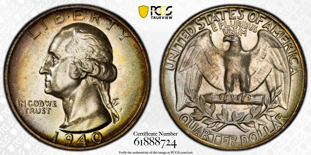 1940 PCGS PR67+ CAC Washington Silver Quarter Toned